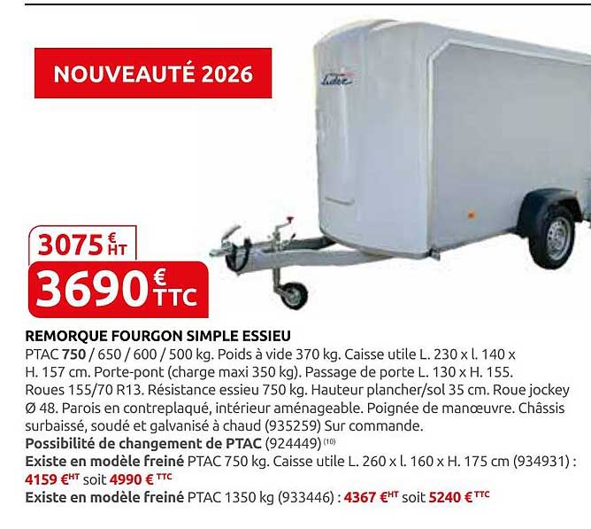 REMORQUE FOURGON SIMPLE ESSIEU