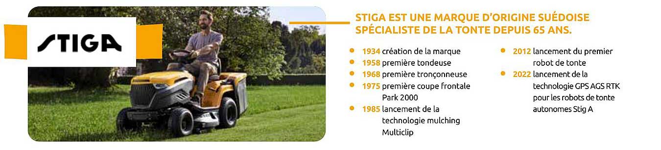 STIGA EST UNE MARQUE D'ORIGINE SUÉDOISE SPÉCIALISTE DE LA TONTE DEPUIS 65 ANS.
