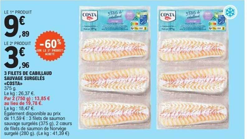 3 FILETS DE CABILLAUD SAUVAGE SURGELÉS «COSTA»