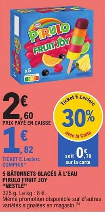5 BÂTONNETS GLACÉS À L'EAU PIRULO FRUIT JOY "NESTLÉ"