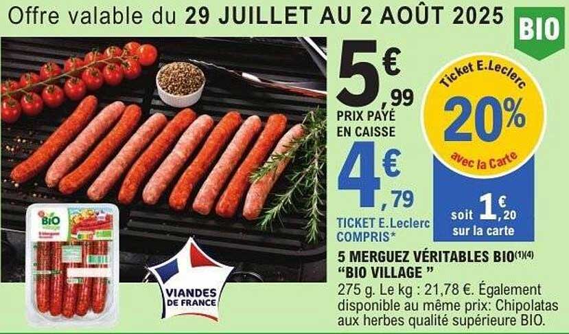 5 MERGUEZ VÉRITABLES BIO "BIO VILLAGE"