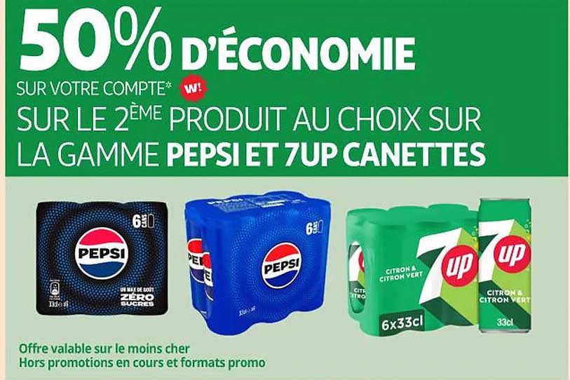 50% d'économie sur votre compte sur le 2ème produit au choix sur la gamme Pepsi et 7Up canettes
