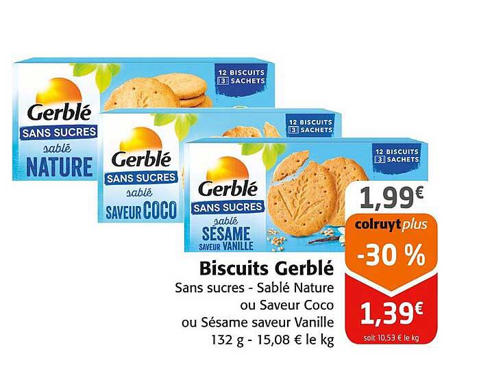 Biscuits Gerblé Sans sucres - Sablé Nature ou Saveur Coco ou Sésame saveur Vanille