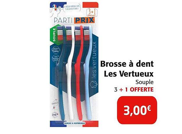 Brosse à dent Les Vertueux Souple 3 + 1 OFFERTE