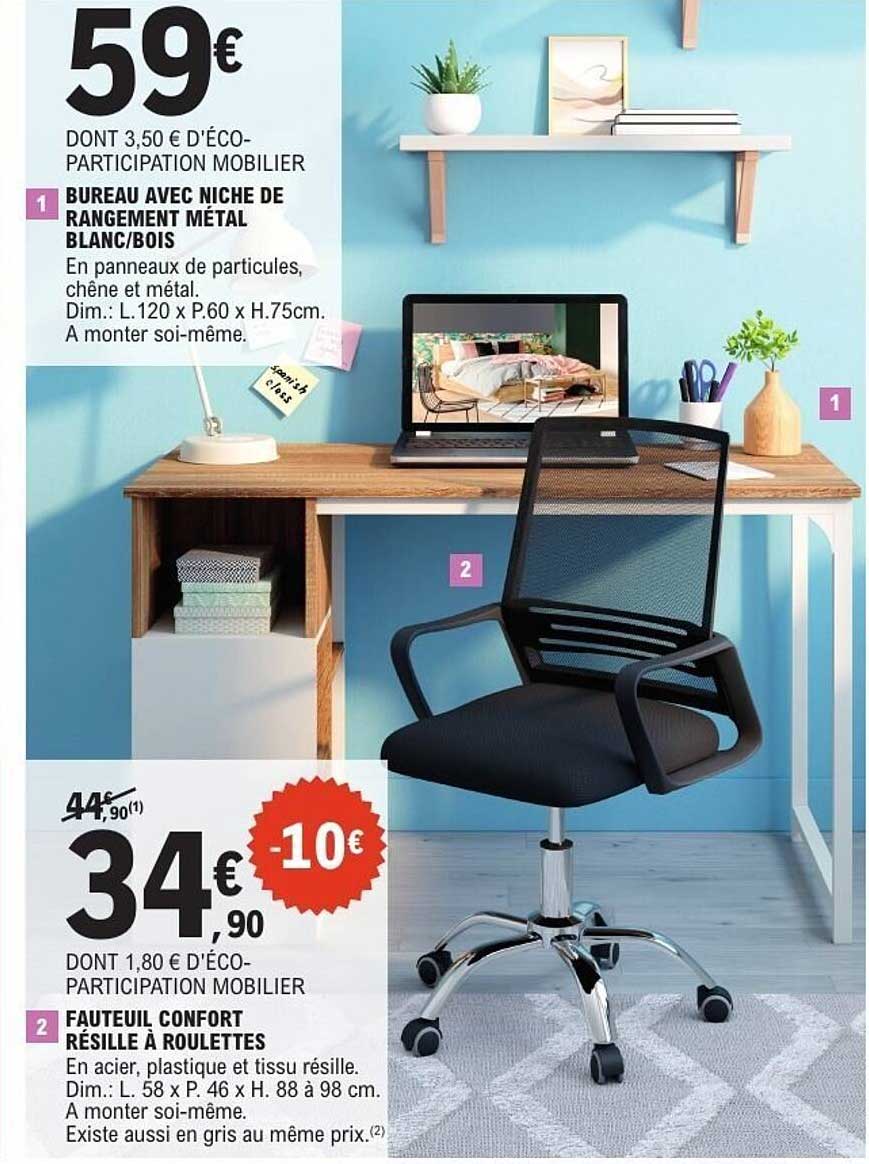 Bureau avec niche de rangement métal blanc/bois