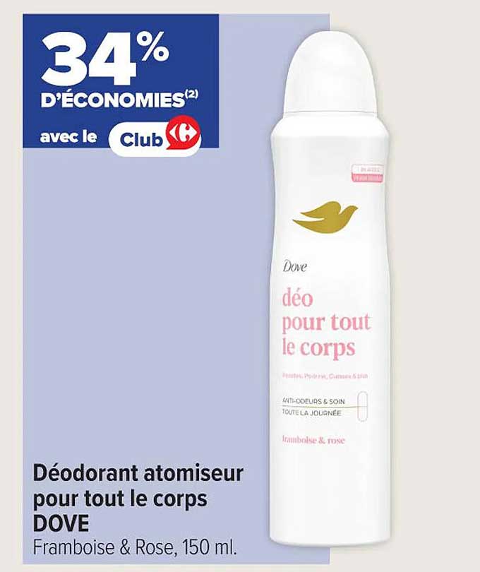 Déodorant atomiseur pour tout le corps DOVE Framboise & Rose, 150 ml