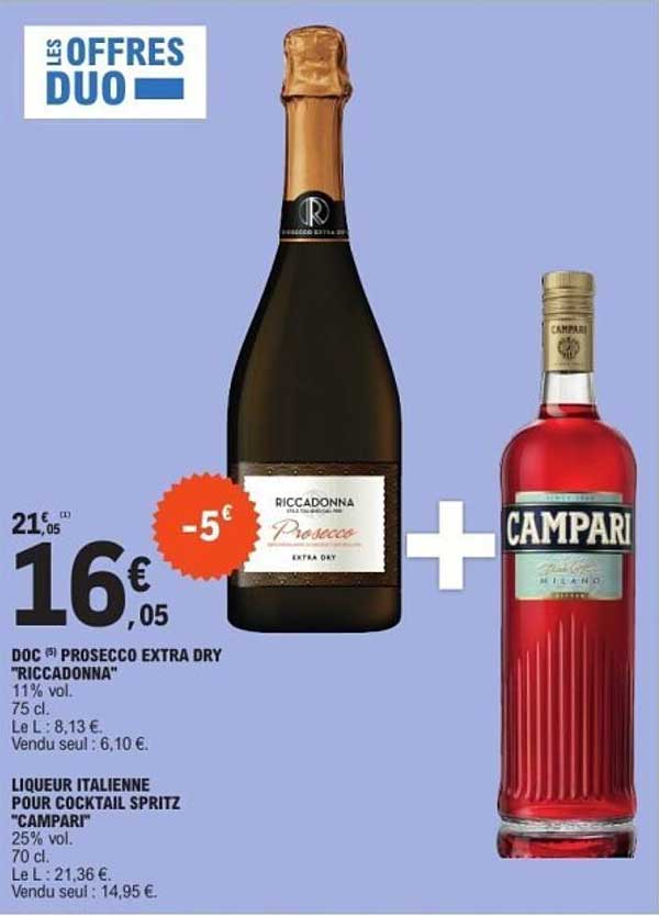 DOC Prosecco Extra Dry "Riccadonna" + Liqueur Italienne pour Cocktail Spritz "Campari"
