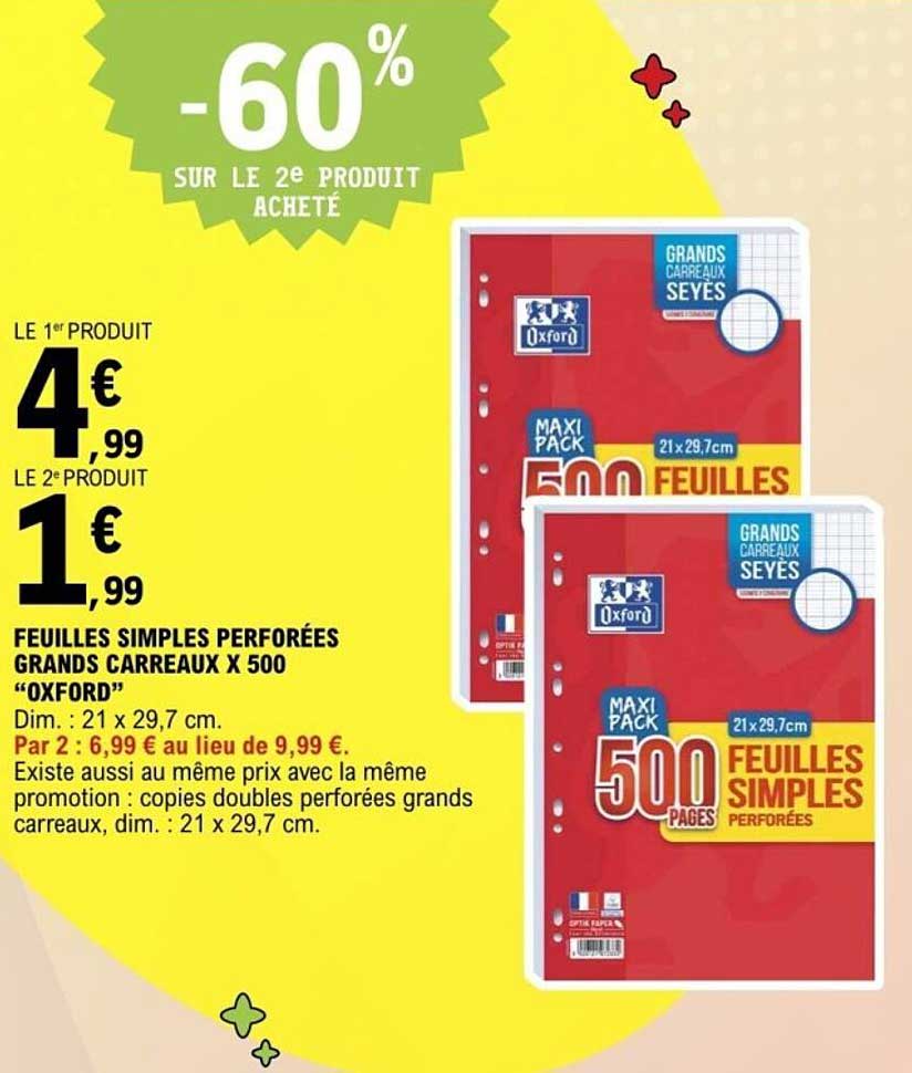 FEUILLES SIMPLES PERFORÉES GRANDS CARREAUX X 500 "OXFORD"