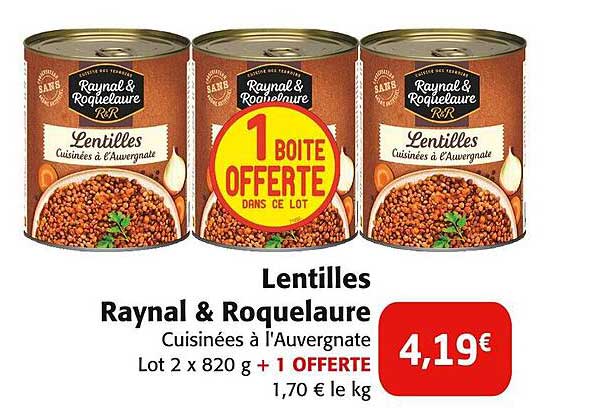 Lentilles Raynal & Roquelaure Cuisinées à l'Auvergnate Lot 2 x 820 g + 1 OFFERTE