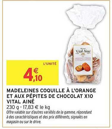 MADELEINES COQUILLE À L'ORANGE ET AUX PÉPITES DE CHOCOLAT X10 VITAL AÎNÉ