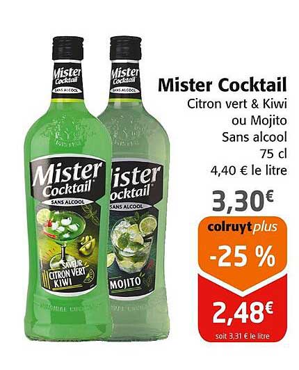 Mister Cocktail Citron vert & Kiwi ou Mojito Sans alcool 75 cl