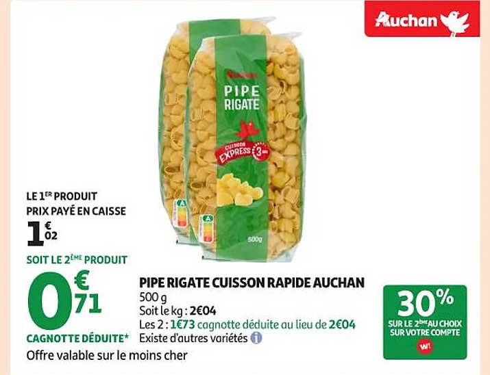 PIPE RIGATE CUISSON RAPIDE AUCHAN
