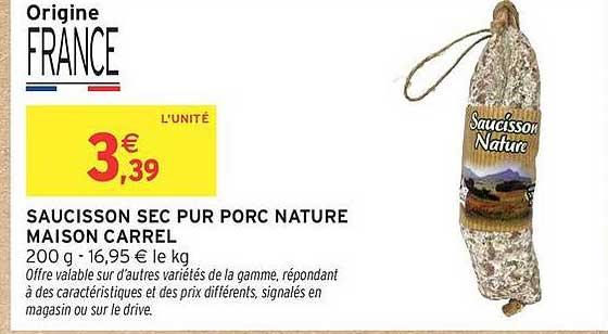 SAUCISSON SEC PUR PORC NATURE MAISON CARREL