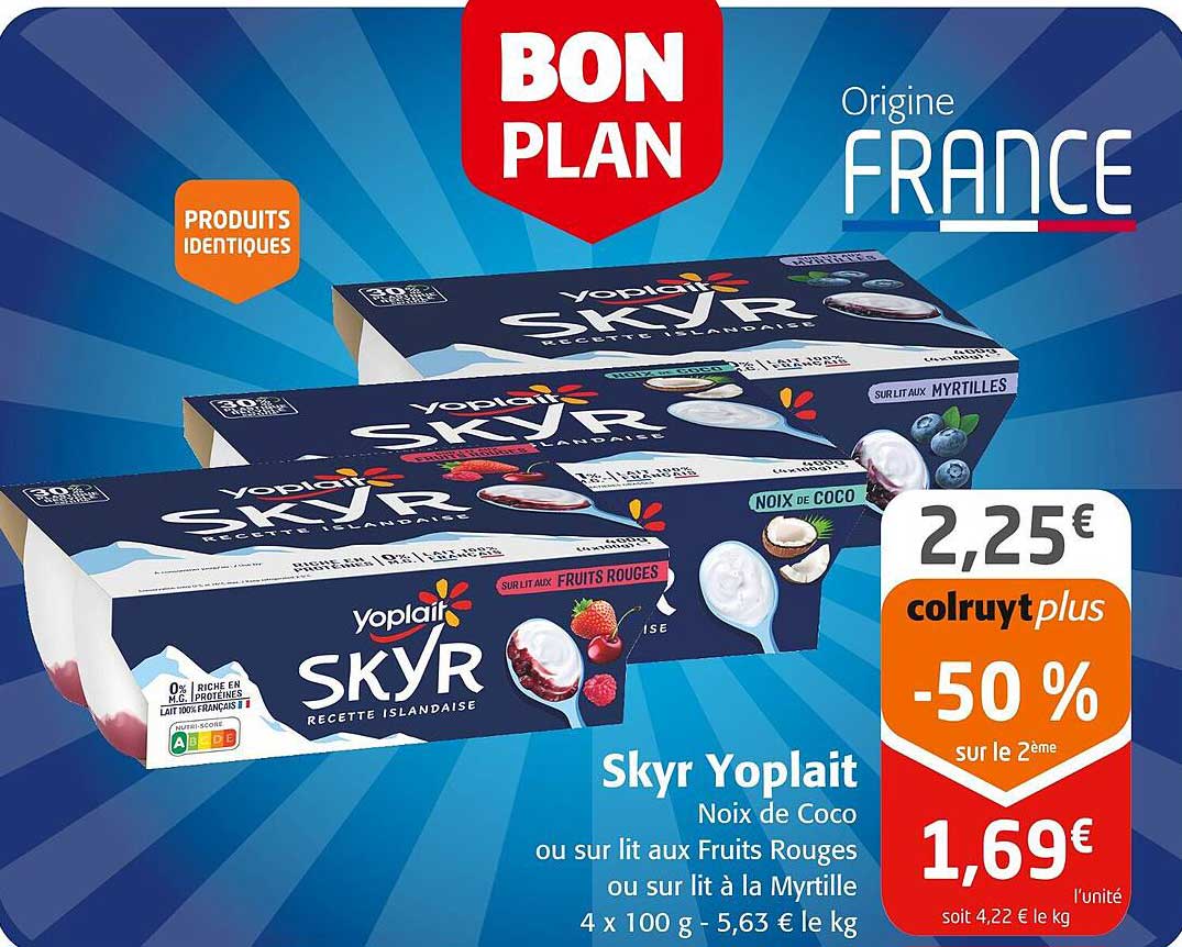 Skyr Yoplait Noix de Coco ou sur lit aux Fruits Rouges ou sur lit à la Myrtille
