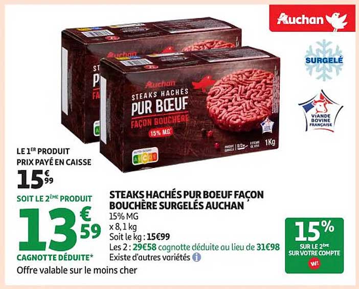 STEAKS HACHÉS PUR BOEUF FAÇON BOUCHÈRE SURGELÉS AUCHAN