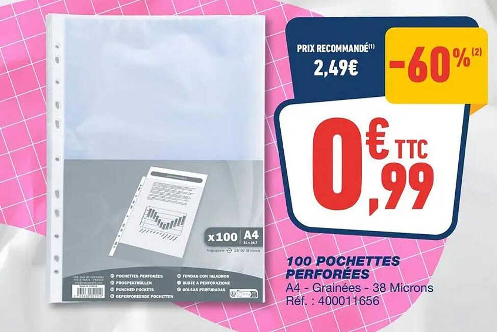 100 POCHETTES PERFOREES A4 - Grainées - 38 Microns