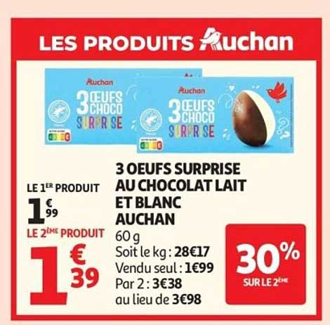30 OEUFS SURPRISE AU CHOCOLAT LAIT ET BLANC AUCHAN
