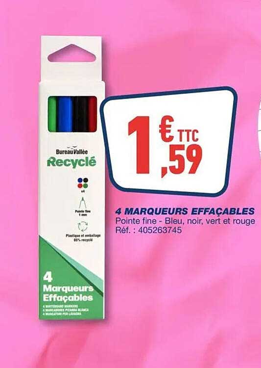 4 MARQUEURS EFFACABLES
Pointe fine - Bleu, noir, vert et rouge
Réf. : 405263745