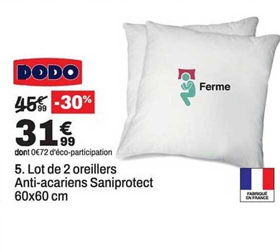 5. Lot de 2 oreillers Anti-acariens Saniprotect 60x60 cm