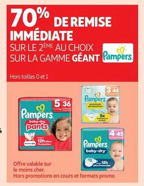 70% DE REMISE IMMÉDIATE SUR LE 2ÈME AU CHOIX SUR LA GAMME GÉANT Pampers