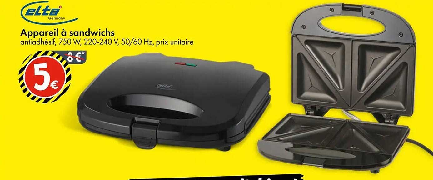 Appareil à sandwichs antiadhésif, 750 W, 220-240 V, 50/60 Hz, prix unitaire