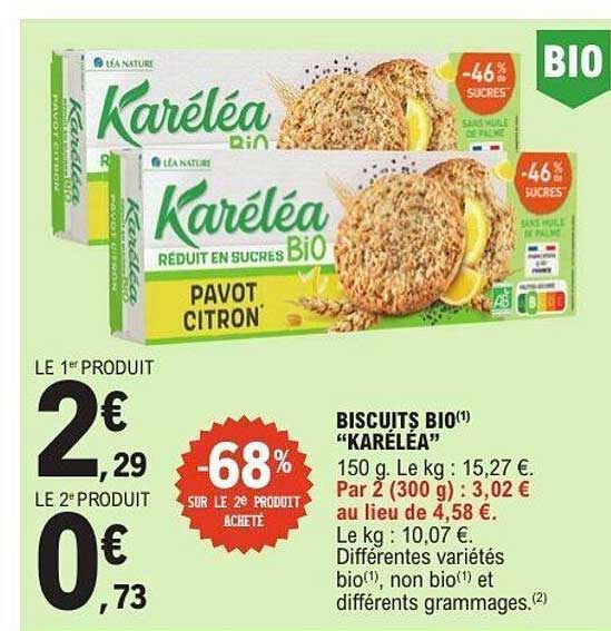 BISCUITS BIO(1) “KARÉLÉA” 150 g. Le kg : 15,27 €. Par 2 (300 g) : 3,02 € au lieu de 4,58 €. Le kg : 10,07 €. Différentes variétés bio(1), non bio(1) et différents grammages.(2)