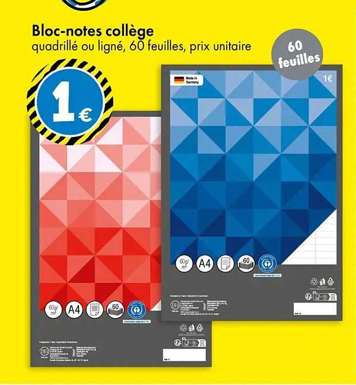 Bloc-notes collège quadrillé ou ligné, 60 feuilles, prix unitaire