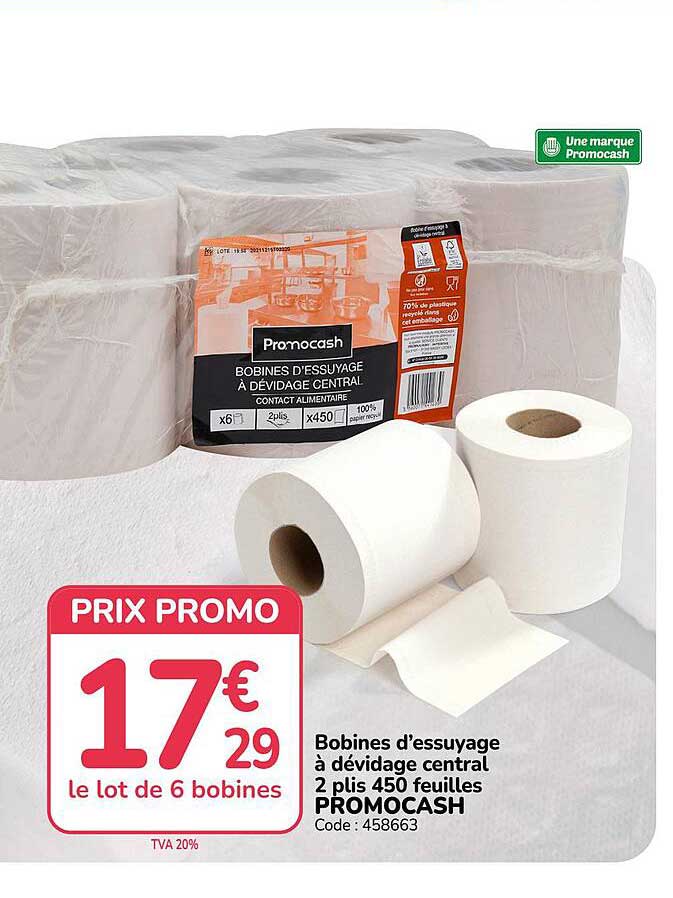 Bobines d'essuyage à dévidage central 2 plis 450 feuilles PROMOCASH