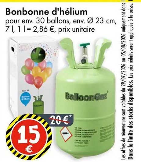 Bonbonne d'hélium pour env. 30 ballons, env. Ø 23 cm, 7 l, 1 l = 2,86 €, prix unitaire