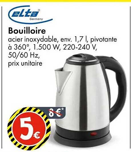 Bouilloire acier inoxydable, env. 1,7 l, pivotante à 360°, 1.500 W, 220-240 V, 50/60 Hz, prix unitaire
