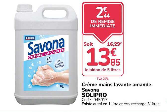 Crème mains lavante amande Savona SOLIPRO