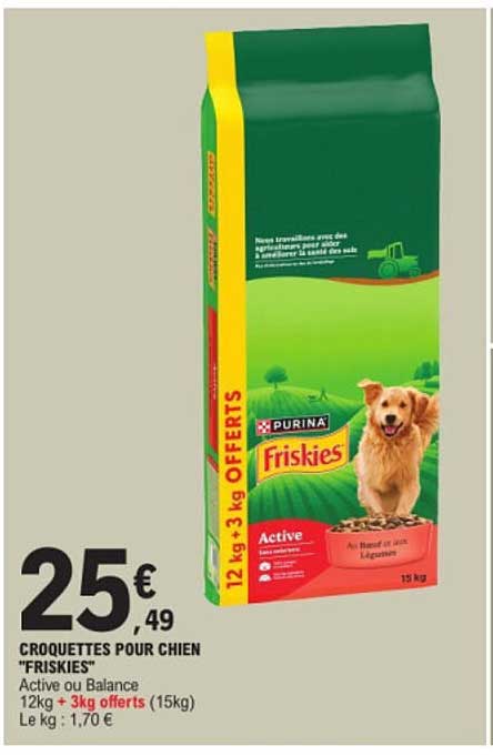 CROQUETTES POUR CHIEN "FRISKIES" Active ou Balance 12kg + 3kg offerts (15kg)