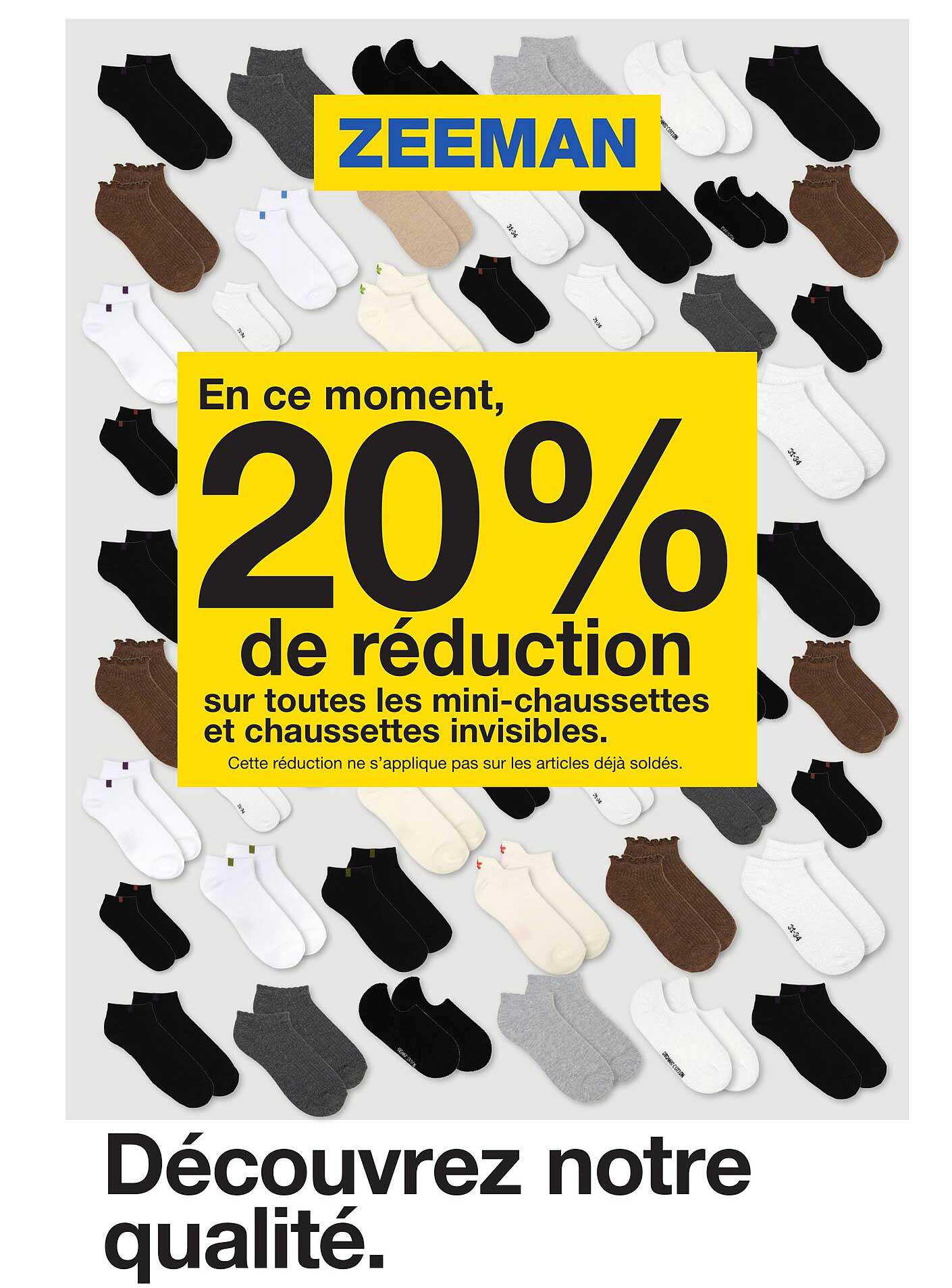 En ce moment, 20% de réduction sur toutes les mini-chaussettes et chaussettes invisibles.