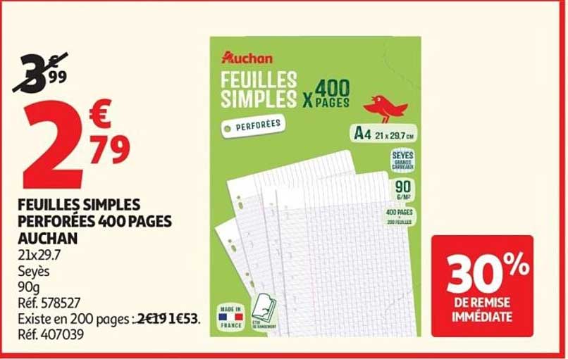 FEUILLES SIMPLES PERFOREES 400 PAGES AUCHAN