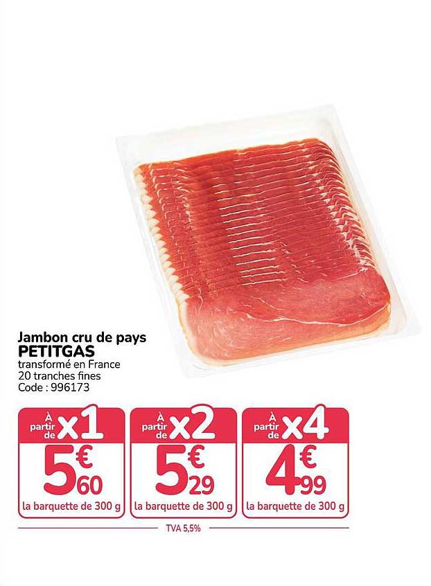 Jambon cru de pays PETITGAS transformé en France 20 tranches fines Code : 996173