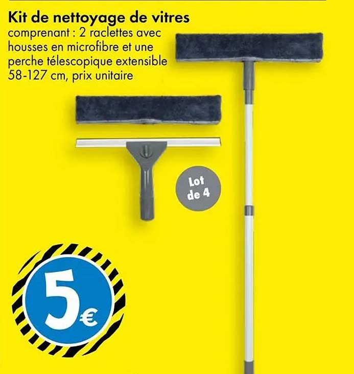Kit de nettoyage de vitres comprenant : 2 raclettes avec housses en microfibre et une perche télescopique extensible 58-127 cm, prix unitaire