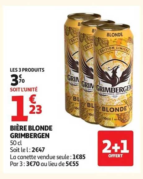 LES 3 PRODUITS 3€70 SOIT L'UNITE 1€23 BIÈRE BLONDE GRIMBERGEN 50 cl