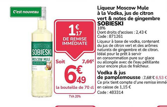 Liqueur Moscow Mule à la Vodka, jus de citron vert & notes de gingembre SOBIESKI