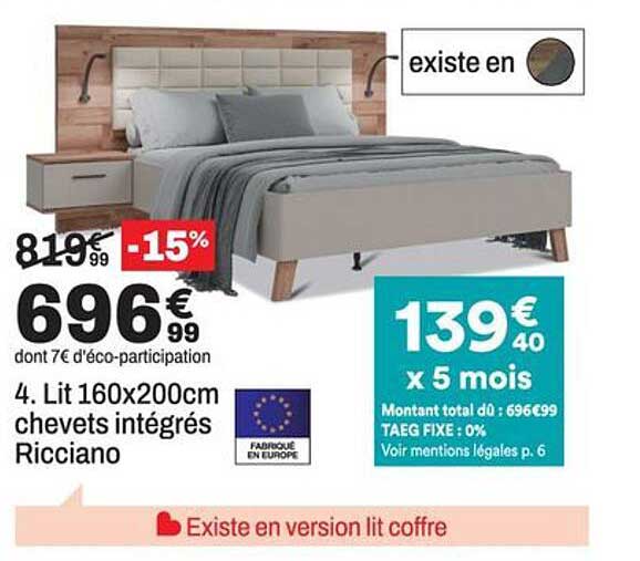Lit 160x200cm chevets intégrés Ricciano