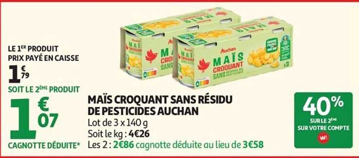MAÏS CROQUANT SANS RÉSIDU DE PESTICIDES AUCHAN