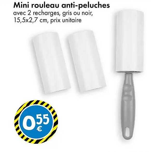 Mini rouleau anti-peluches avec 2 recharges, gris ou noir, 15,5x2,7 cm, prix unitaire