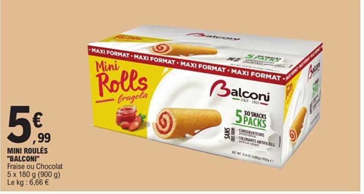MINI ROULÉS "BALCONI" Fraise ou Chocolat 5 x 180 g (900 g)