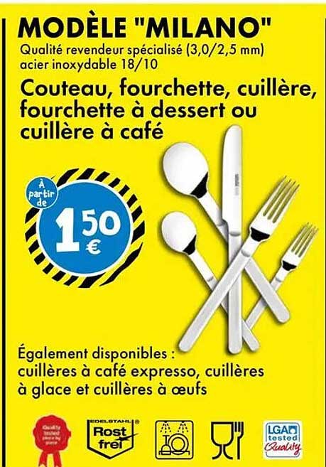 MODÈLE "MILANO" Qualité revendeur spécialisé (3,0/2,5 mm) acier inoxydable 18/10 Couteau, fourchette, cuillère, fourchette à dessert ou cuillère à café