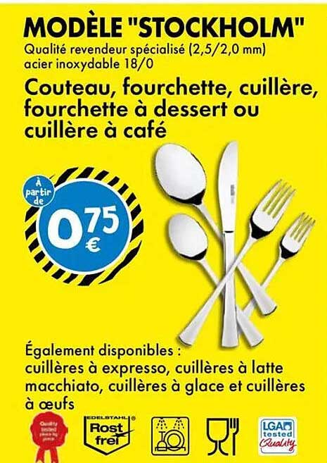 MODÈLE "STOCKHOLM" Qualité revendeur spécialisé (2,5/2,0 mm) acier inoxydable 18/0 Couteau, fourchette, cuillère, fourchette à dessert ou cuillère à café