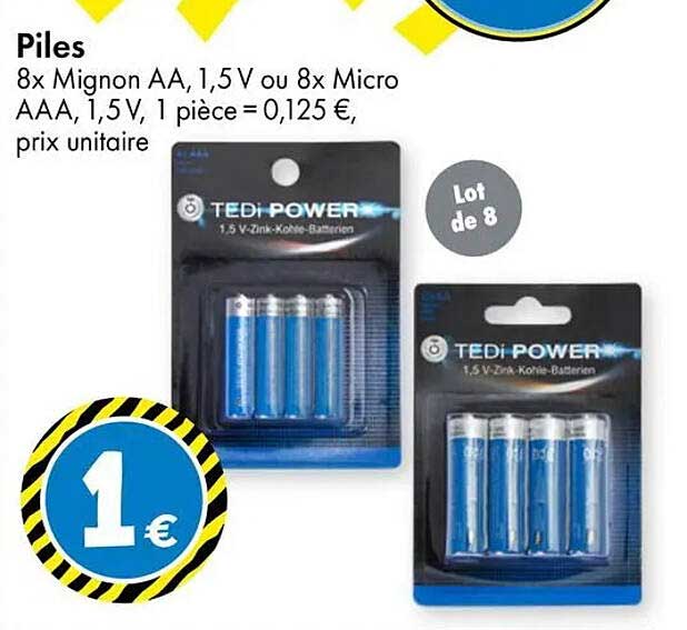 Piles 8x Mignon AA, 1,5 V ou 8x Micro AAA, 1,5 V, 1 pièce = 0,125 €, prix unitaire