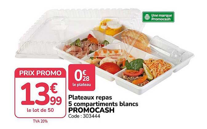 Plateaux repas 5 compartiments blancs PROMOCASH