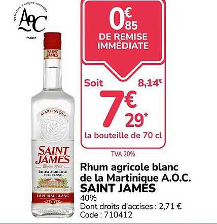 Rhum agricole blanc de la Martinique A.O.C. SAINT JAMES