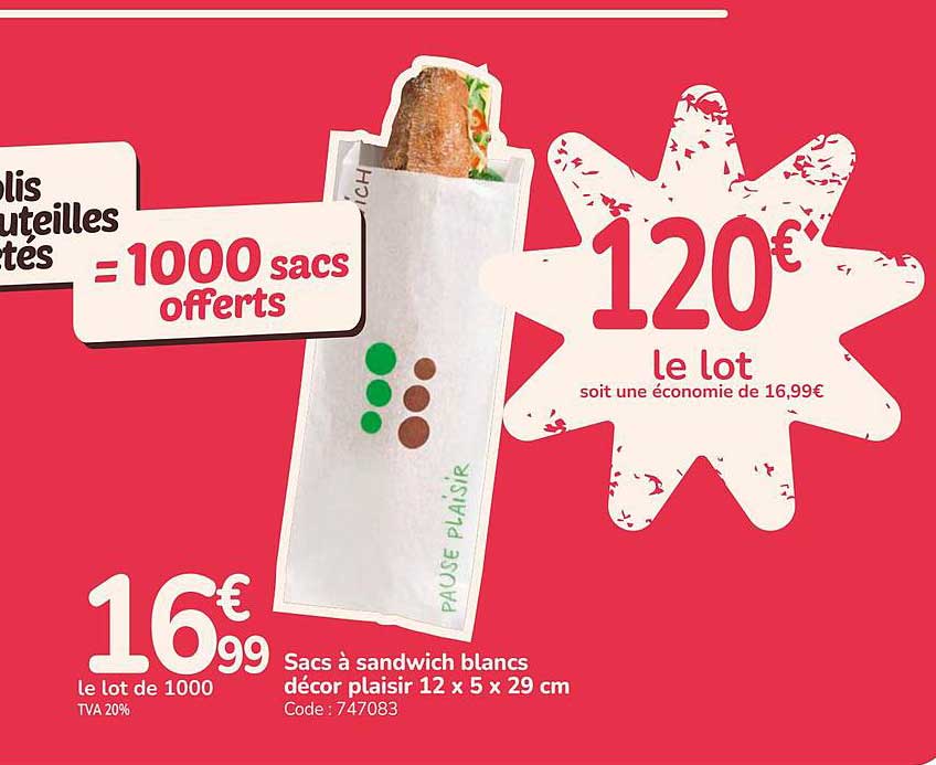 Sacs à sandwich blancs décor plaisir 12 x 5 x 29 cm