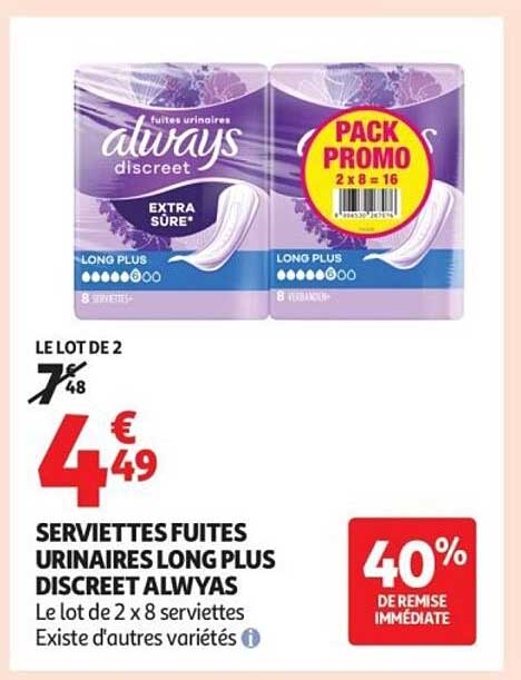 SERVIETTES FIUTES URINAIRES LONG PLUS DISCREET ALWYAS
