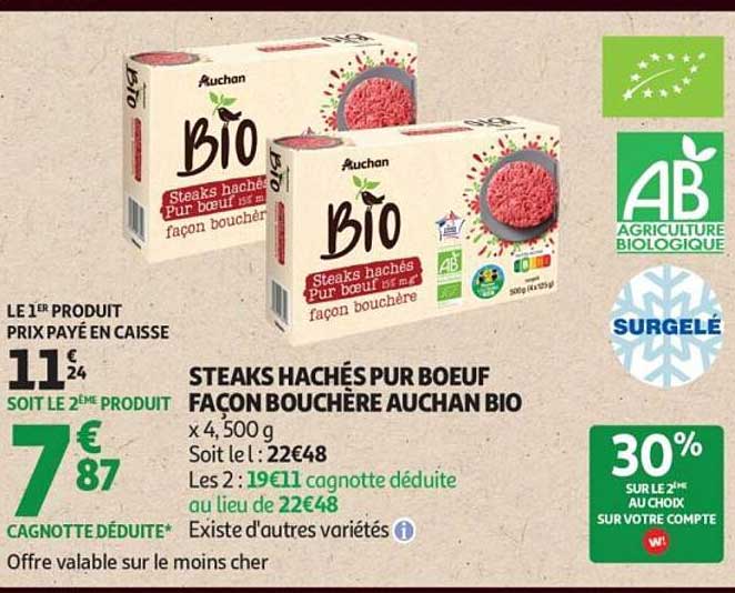 STEAKS HACHÉS PUR BOEUF FAÇON BOUCHÈRE AUCHAN BIO